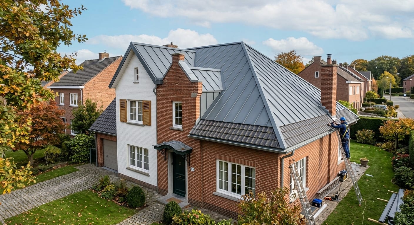 Maison unifamiliale belge avec toiture rénovée par une surtoiture métallique grise contemporaine, fixée sur l'ancienne couverture